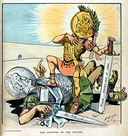 Dessin montrant un soldat, type romain, dont la tête est une pièce en or, assis sur un autre soldat qui a une tête en forme de pièce en argent.