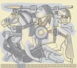 Dessin montrant un cavalier armé d'une lance, au-dessus de lui un homme plus petit armé d'une lance et, sous le cheval, un homme en côte de mailles plantant une épée dans le poitrail du cheval