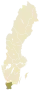 Carte représentant la province de Scanie au sein de la Suède, au sud-ouest du pays.