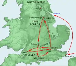 Carte de l'Angleterre montrant les mouvements de Sven tels que décrits dans cette section de l'article.