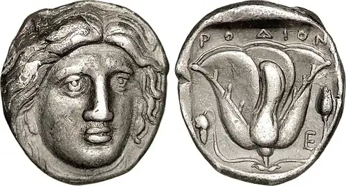 Tétradrachme d'argent de Rhodes à l'effigie du dieu Hélios, v.&nbsp;316-305 av. J.-C.