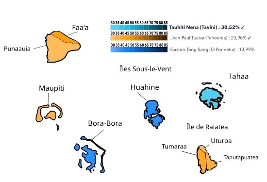 Résultats par communes ou îles au 1er tour.