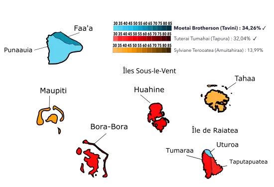 Résultats par communes ou îles au 1er tour.