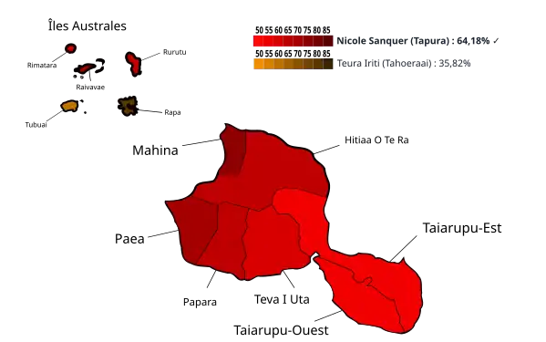 Résultats par communes ou îles au 2e tour.