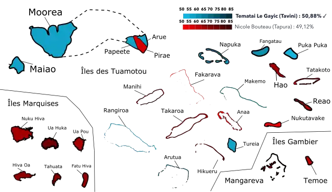Résultats par communes ou îles au 2e tour.