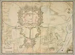 reproduction d'un plan d'époque montrant le plan de la ville et de ses fortifications