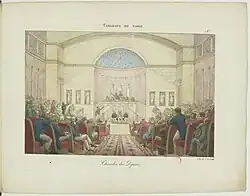 L'hémicycle en 1825 : les bustes de Louis XVI, Louis XVII et Louis XVIII ont remplacé la statue de Napoléon.