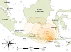 Carte de l'Indonésie montrant des cercles concentriques pour les différentes épaisseurs, de 1&nbsp;cm à 1&nbsp;m.