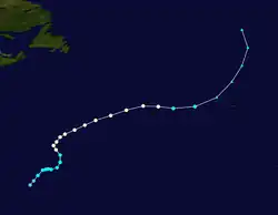 Trajectoire de Tanya dans l'Atlantique.