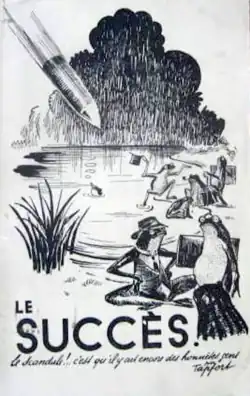 Dessin au trait de différents personnages représentés en grenouilles. L'une au premier plan, porte chapeau, veston et moustaches