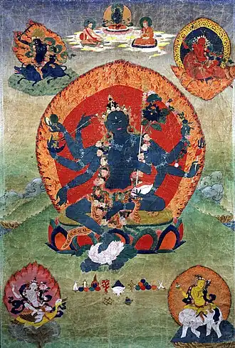 Thangka avec Tara verte (Samaya Tara Yogini) au centre et les Taras bleue, rouge, blanche et jaune dans les angles, XVIIIe&nbsp;siècle, Tibet oriental, Rubin Museum of Art.