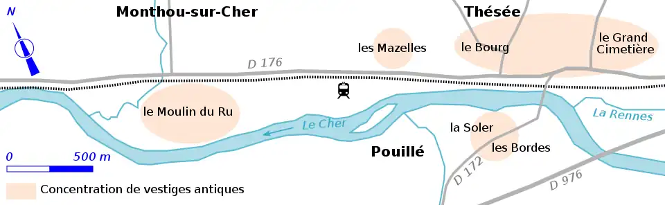 Carte représentant des zones de concentration de vestiges antiques dans un plan moderne.
