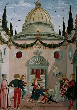 Saint Bernardin apparaît et guérit Giovanni Antonio da Parma blessé par une pelle.