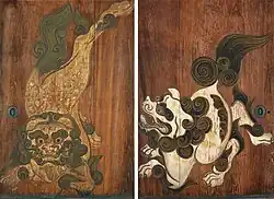 Lions chinois. 2 de 6 fusuma. Vers 1620. Couleurs sur cèdre, ch. H. 182 ; L. 125&nbsp;cm. Yōgen-in, Kyōto