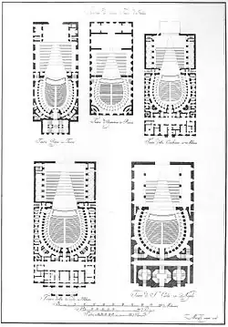Plan en noir et blanc de cinq théâtres, annotations de texte, la forme commune en U des emplacements des spectateurs ressort.