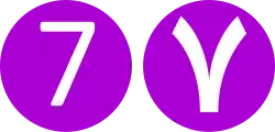 Chiffre 7 dans deux disques colorés, en caractère latin e( en caractère arabe.