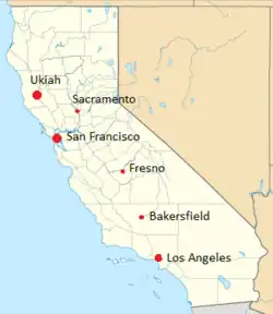 Une carte de Californie indiquant Ukiah, Sacramento, San Francisco, Fresno, Bakersfield et Los Angeles.