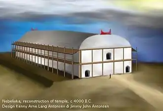 Reconstitution d'un temple de Nebelivka, Ukraine, vers 4000 av. J.-C., dimensions : 60&nbsp;×&nbsp;20&nbsp;mètres