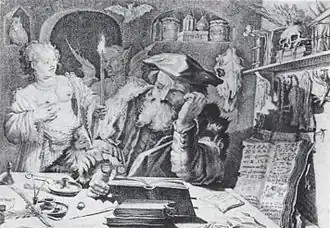 Femme tentatrice, diable, alchimiste, gravure n. d..