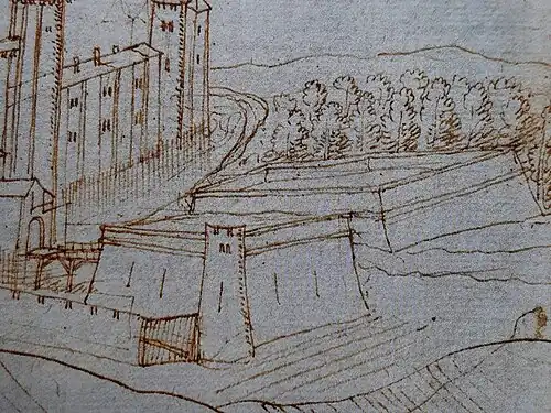 Illustration des Tenailles gardant la porte de Roquefort et le château de Nolibos (à gauche), d'après un plan établi par le peintre hollandais Joachim Duviert en 1612, conservé à la Bibliothèque nationale de France, Paris, Département des estampes, Vx, 23, fol. 298-299.