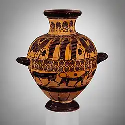 Hydrie, v. 560. Peintre de Ptoon. H. 40,8 cm. The Met