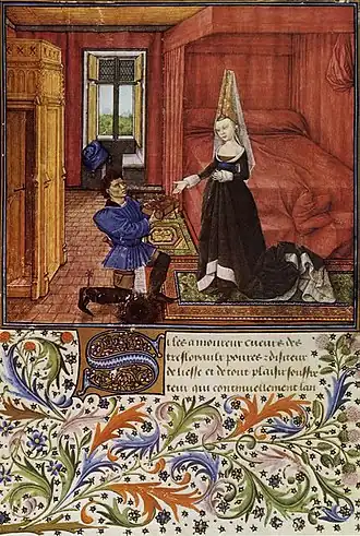 Scène de dédicace de la Théséide de Vienne, f.14v.