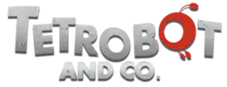 Tetrobot and Co. est écrit sur deux lignes. Les lettres sont stylisées et donnent l’impression d’être faites de plaques de métal assemblées les unes aux autres, à l’exception du second O de « Tetrobot » qui est coloré en rouge et à la forme du Psychobot.