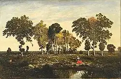 Une mare près de laquelle une paysanne est assise, dont le reflet apparaît à la surface, se trouve au centre d'une pleine avec des arbres et des champs.