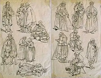 Relevés sur calque d'après Les Gueux de Jacques Callot, datant de la formation de l'artiste.