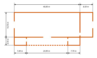 Plan d'un bâtiment avec ses dimensions au sol.