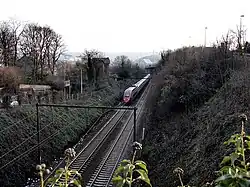 Un TGV Thalys descendant le plan incliné vers les Guillemins, janvier 2006
