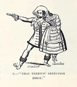 Gravure. Un homme en costume du XVIIIe&nbsp;siècle, un pistolet à la main, enlevant une femme