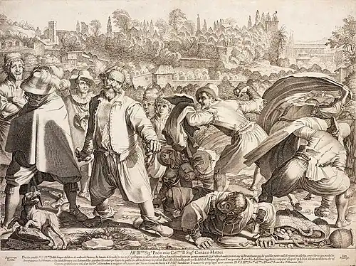 La baruffa di Bruttobuono, estampe de Villamena (1601) également commandée par Ciriaco Mattei : le voile en forme de croissant à droite est repris par Caravage.National Gallery of Art, Washington.