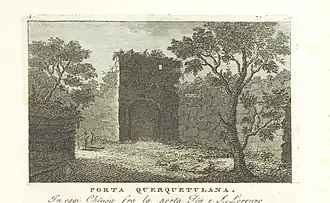 Dessin en noir et blanc d'un édifice s'ouvrant sur une arche.