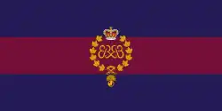 Image en couleurs d'un drapeau composé de trois bandes horizontales, les deux bandes extérieures bleues et la bande du centre violet et portant au centre un insigne militaire