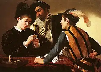 Le Caravage, Les Tricheurs, vers 1594, 94,3&nbsp;×&nbsp;131,1&nbsp;cm, Fort Worth, Kimbell Art Museum