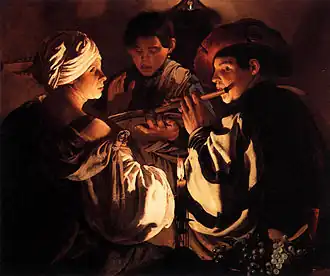 Hendrick ter Brugghen (1588-1629). Le Concert, 1627. Huile sur toile, 99,1&nbsp;×&nbsp;116,8&nbsp;cm. National Gallery, Londres.