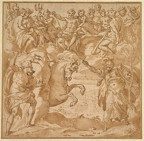 Concours entre Athéna et Poséidon pour la possession d'Athènes par Cesare Nebbia, vers 1570. Metropolitan Museum of Art.