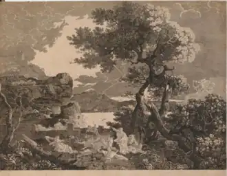 Niobé est au centre, serrant un petit enfant vers elle et lève les yeux vers le ciel. À droite, Apollon et Artémis tirent des flèches sur ses enfants. Plusieurs sont déjà morts ou blessés ; les autres, à gauche, tentent de s'échapper. Il y a une masse d'arbres cassés à l'extrême droite, une forteresse et une mer orageuse avec un éclair à gauche. L'image est dans le sens inverse de celui du tableau, à savoir que l'arbre du premier plan est à droite et la forteresse à gauche.