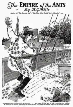 dessin en noir et blanc représentant un homme attaqué par une multitude de fourmis.