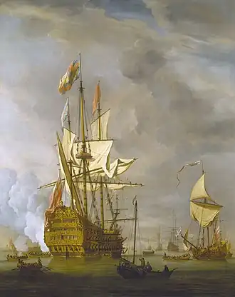 Le HMS&nbsp;Royal Sovereign, 1702. L'étendard royal indique la présence de Georges de Danemark, époux de la reine Anne et lord-grand-amiral. (1703)