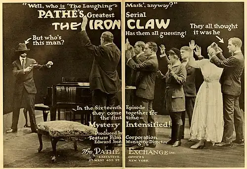 Un criminel masqué menace Pearl White. Publicité pour le serial américain Le Masque aux dents blanches (1916).