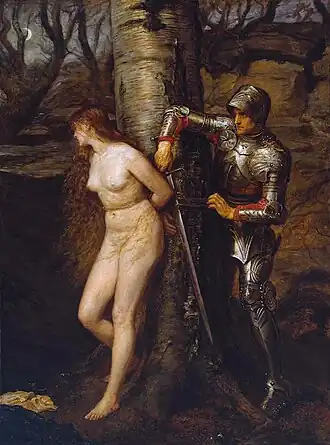 Peinture représentant un chevalier en armure qui détache une femme nue liée à un arbre.