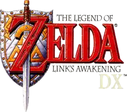 Zelda est inscrit en grosses lettres rouges. Derrière le Z, le bouclier et l'épée de Link sont représentés, cette dernière étant enlacée dans le Z. Le reste du titre est inscrit sur la droite en dessous et au-dessus du terme Zelda dans des petits caractères de couleur noire.