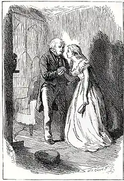 Coin de salon, Mr Wilfer, debout, serre dans ses deux mains la main droite de Bella aux longs cheveux dénoués, une brosse dans sa main gauche