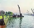 Peinture représentant de l'eau avec des bateaux et des grues, et sur le côté droit de la verdure et une maison
