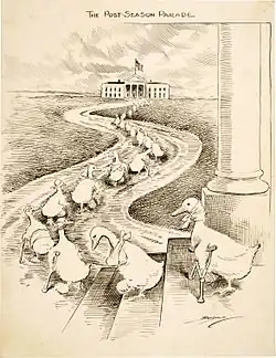 The Post-Season Parade, 1915. Les « canards boiteux » sont les Démocrates battus aux élections, en route vers la Maison-Blanche pour quémander un poste au président Woodrow Wilson.