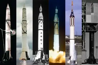 La famille Redstone. De gauche à droite&nbsp;: PGM-11 Redstone, Jupiter-A, Jupiter-C, Juno I, Mercury-Redstone et Redstone Sparta.