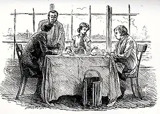 Gravure sur bois. Table avec nappe tombante devant une grande verrière donnant sur la Tamise, à droite Mr Wilfer, Bella de face est tournée vers lui, Rokesmith/Harmon à gauche, discutant la carte des vins avec un serveur