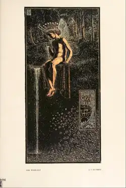 The Wood-Elf, gravure sur bois en couleurs de James Guthrie, avec monogramme (1898).